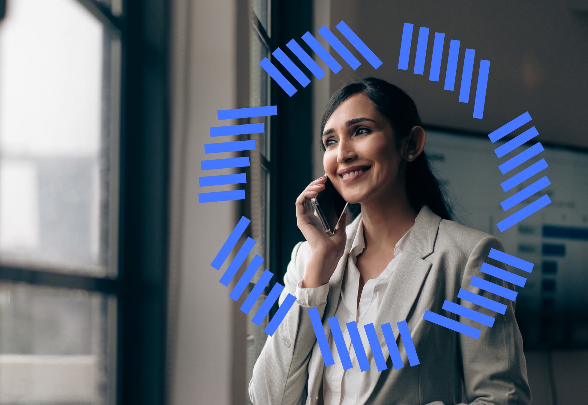 Woman on phone, smiling look out of window